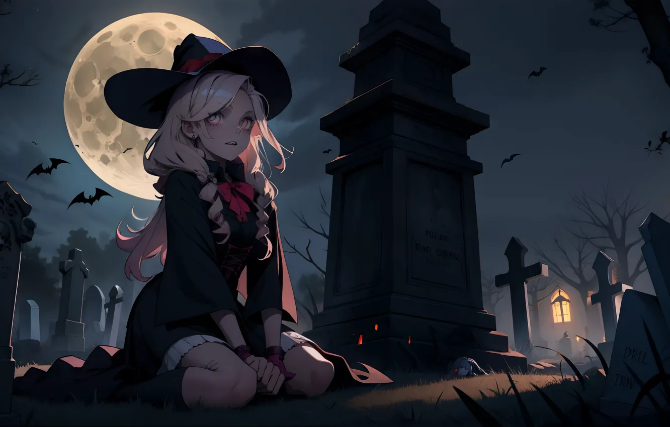Фото обои moon, girls, anime, night, gothic, people
