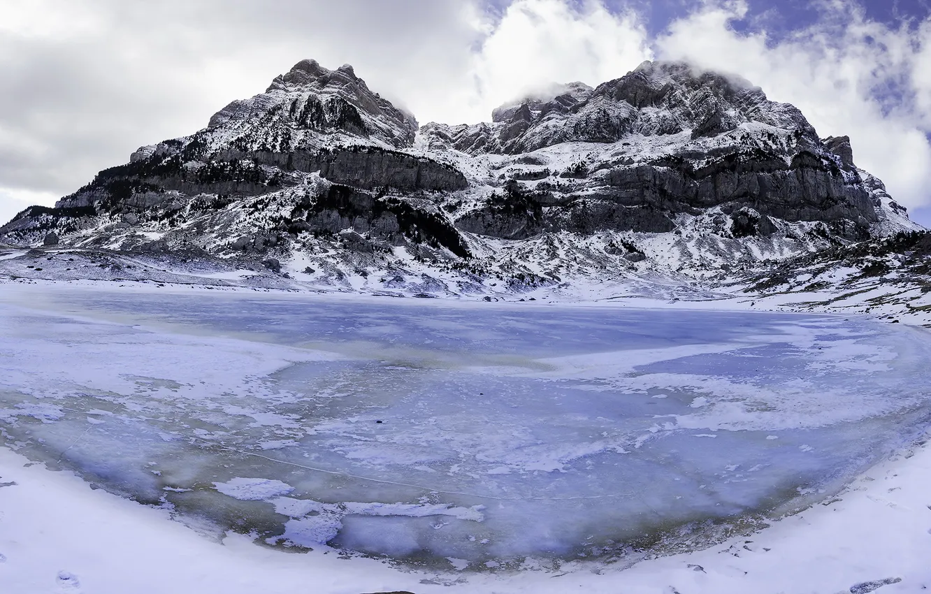 Фото обои пейзаж, озеро, гора, лёд