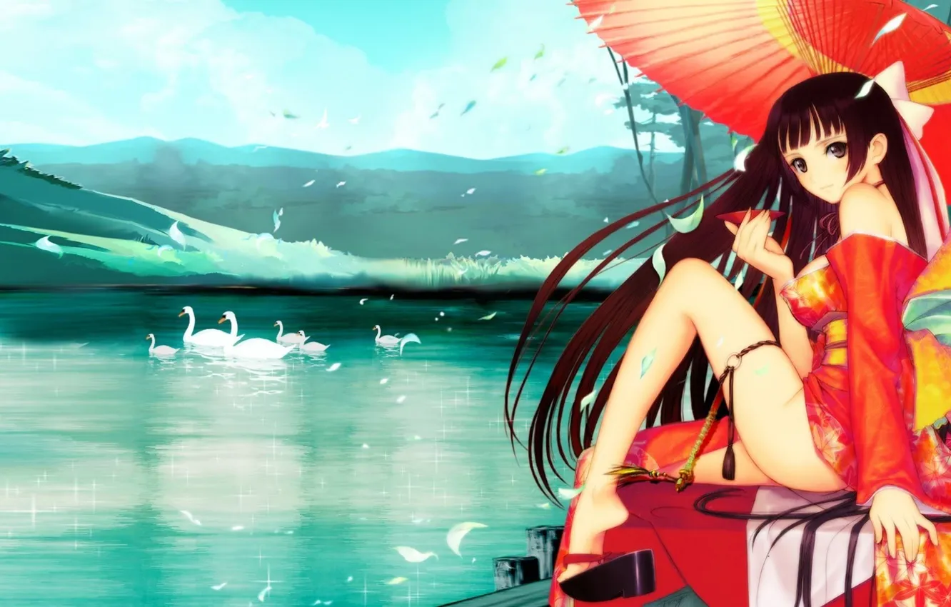 Фото обои девушка, природа, озеро, чаша, зонт, лебеди, tony taka ecchi