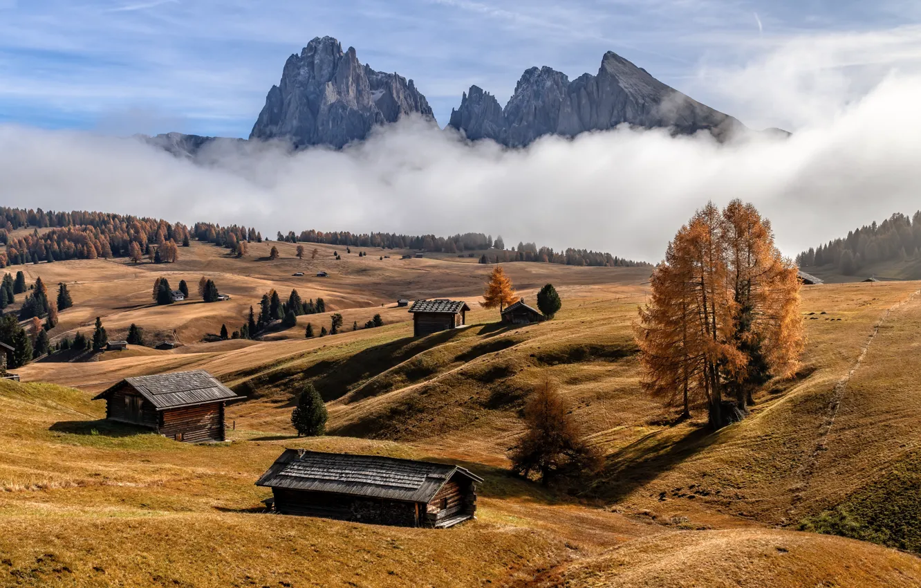 Фото обои природа, Dolomite Alps, Foggy autumn