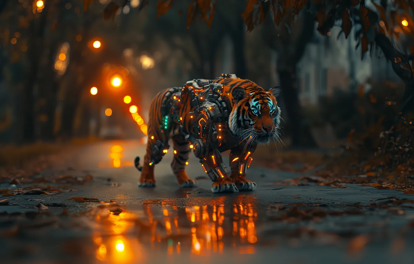 Фото обои tiger, futuristic, half robot