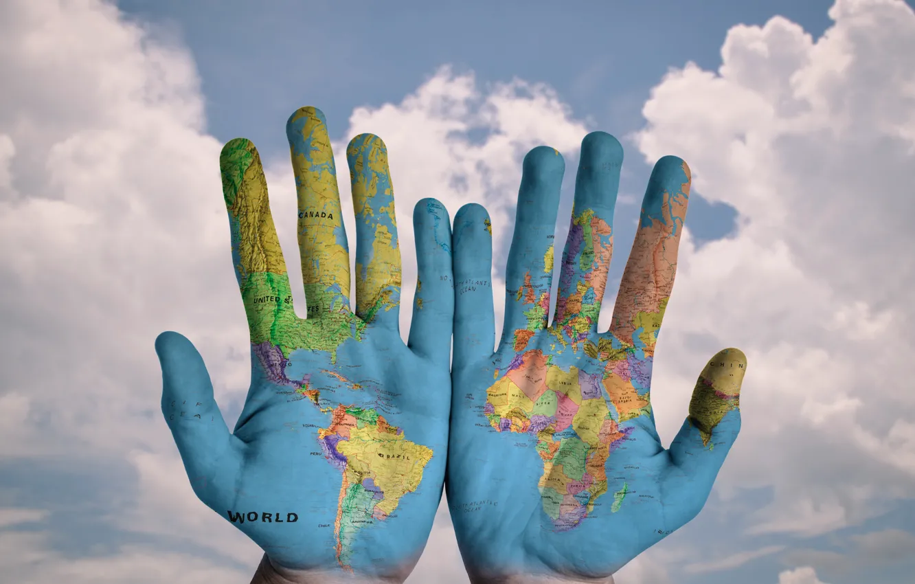 Фото обои мир, world, карта, руки, ладонь, hands