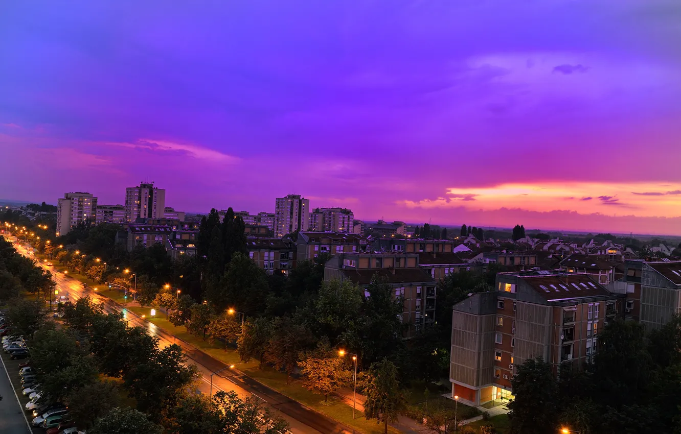 Фото обои дорога, небо, деревья, закат, огни, дома, вечер, фонари