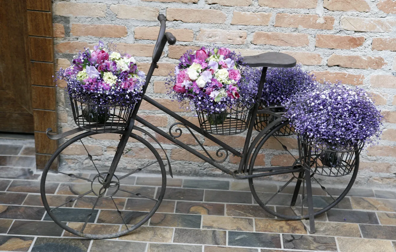 Фото обои цветы, велосипед, букеты, композиции
