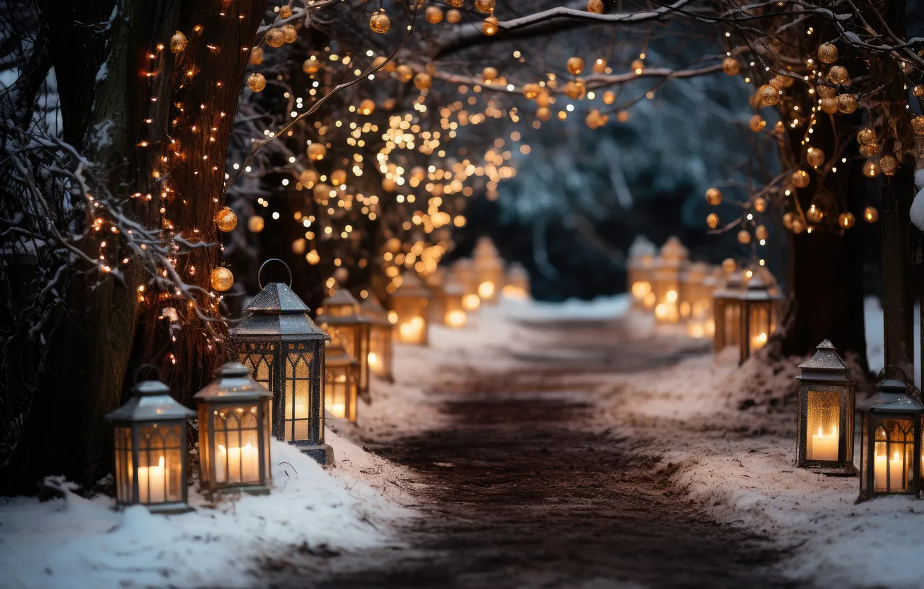 Фото обои зима, снег, ночь, Рождество, фонарь, Новый год, Christmas, night