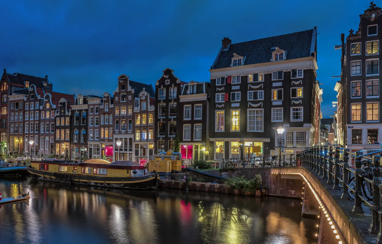Фото обои мост, огни, река, вечер, Амстердам, Нидерланды, skyline, Amsterdam