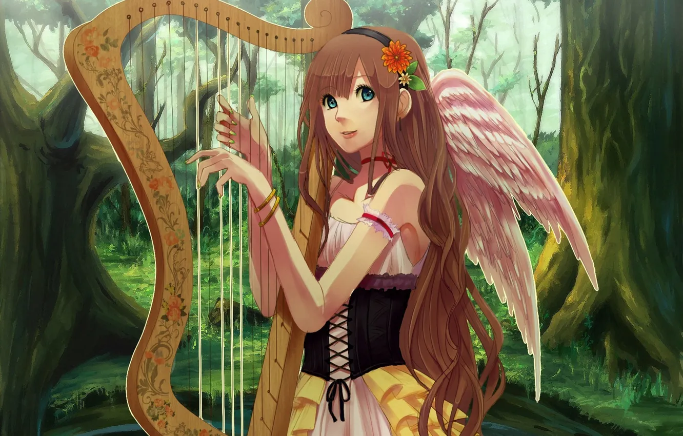 Фото обои лес, девушка, озеро, крылья, арт, арфа, музыкальный инструмент