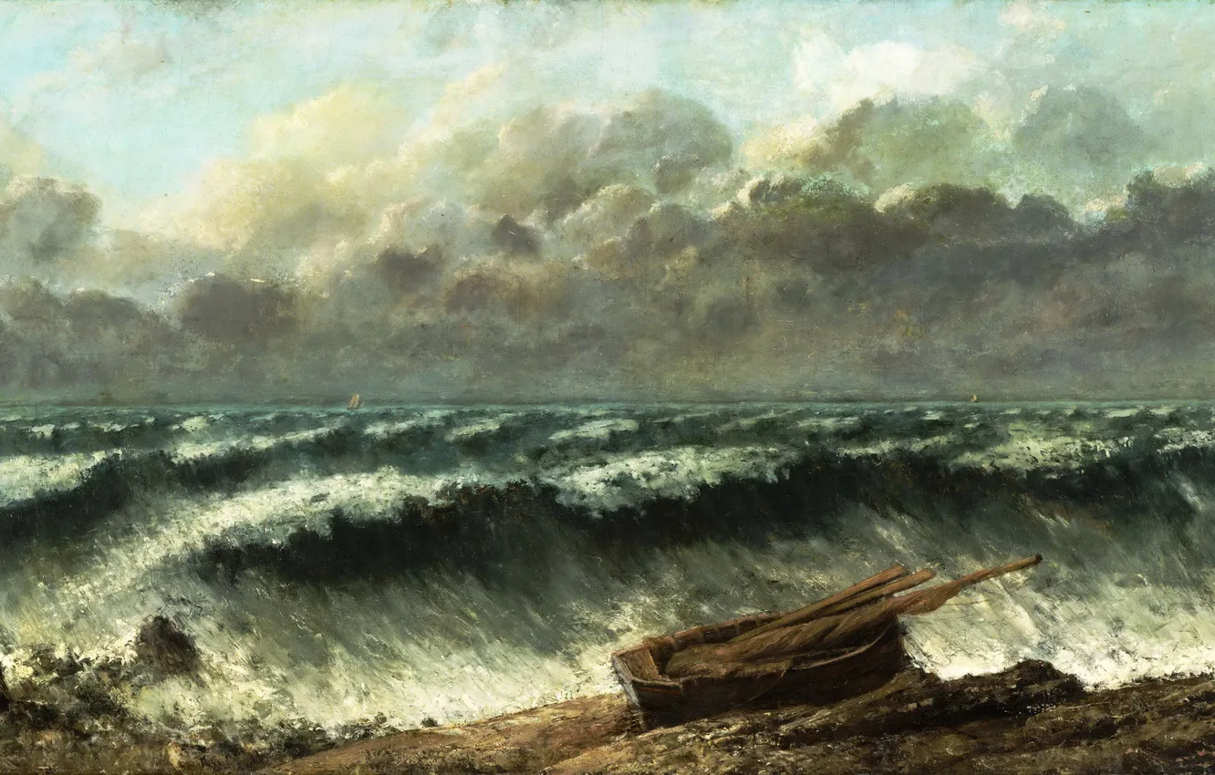 Фото обои море, волны, небо, тучи, шторм, лодка, буря, картина