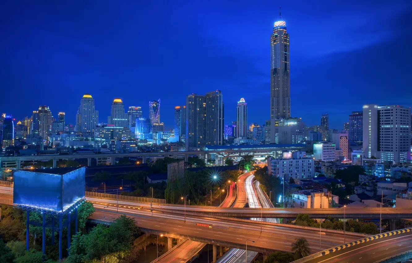 Фото обои ночь, город, здания, Тайланд, Бангкок, небоскрёб