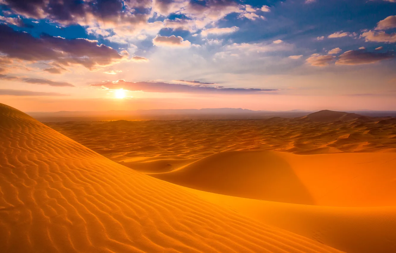 Фото обои песок, солнце, закат, пустыня, бархан, Сахара, Марокко