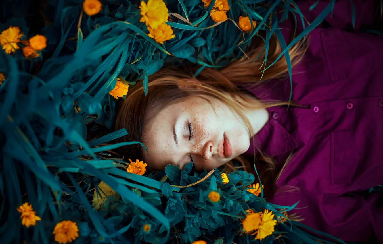 Фото обои трава, девушка, цветы, сон, веснушки, рыжая, рыжеволосая, календула