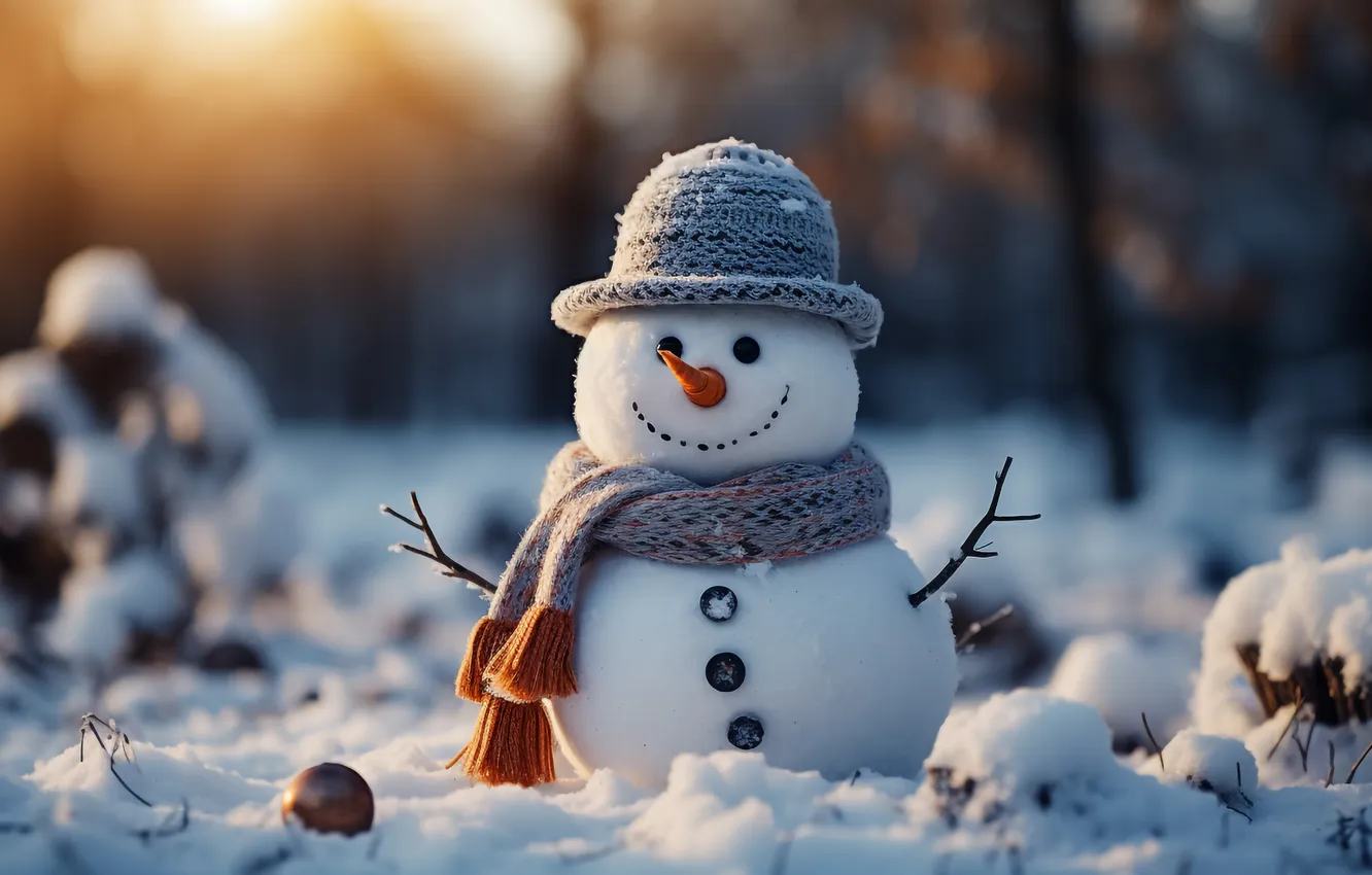 Фото обои зима, снег, Рождество, Новый год, снеговик, Christmas, winter, snow