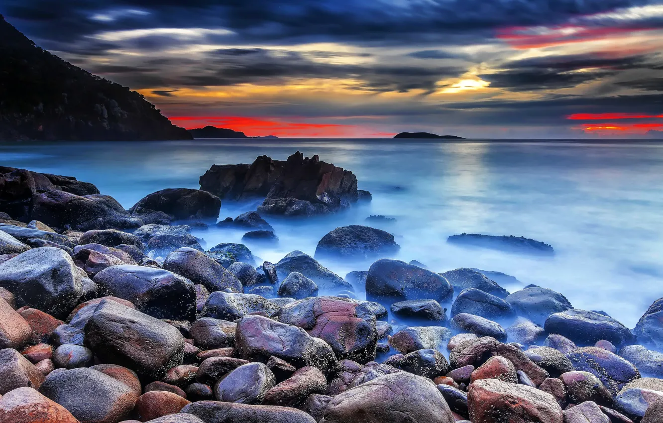 Фото обои море, закат, камни, берег, Coast, sunset, stones, Sea