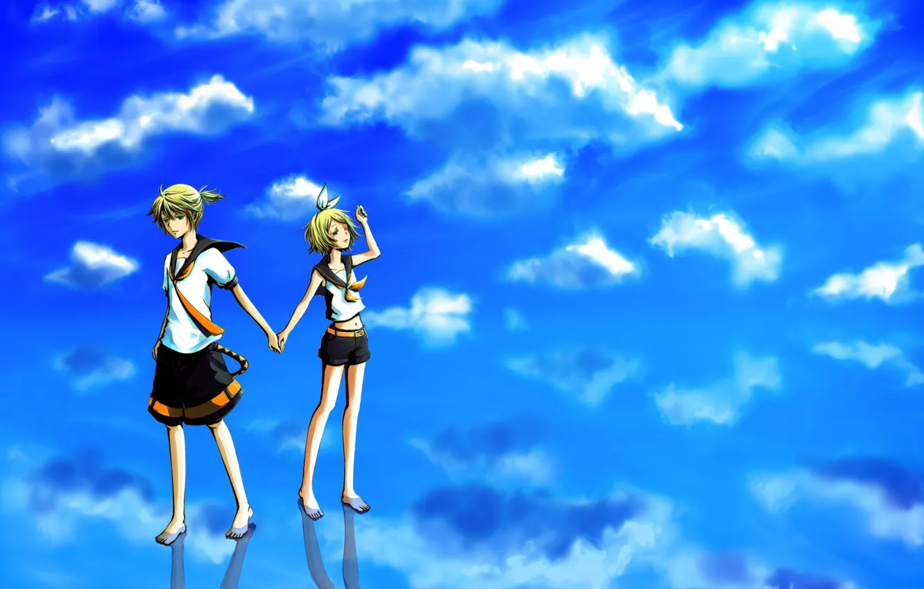 Фото обои небо, облака, дети, аниме, арт, двое, Vocaloid, Вокалоид