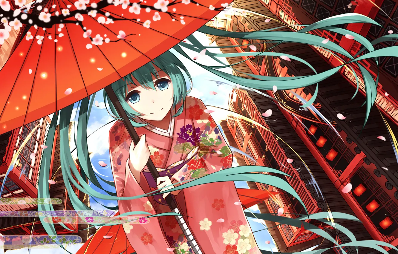Фото обои девушка, зонт, аниме, лепестки, сакура, арт, кимоно, vocaloid