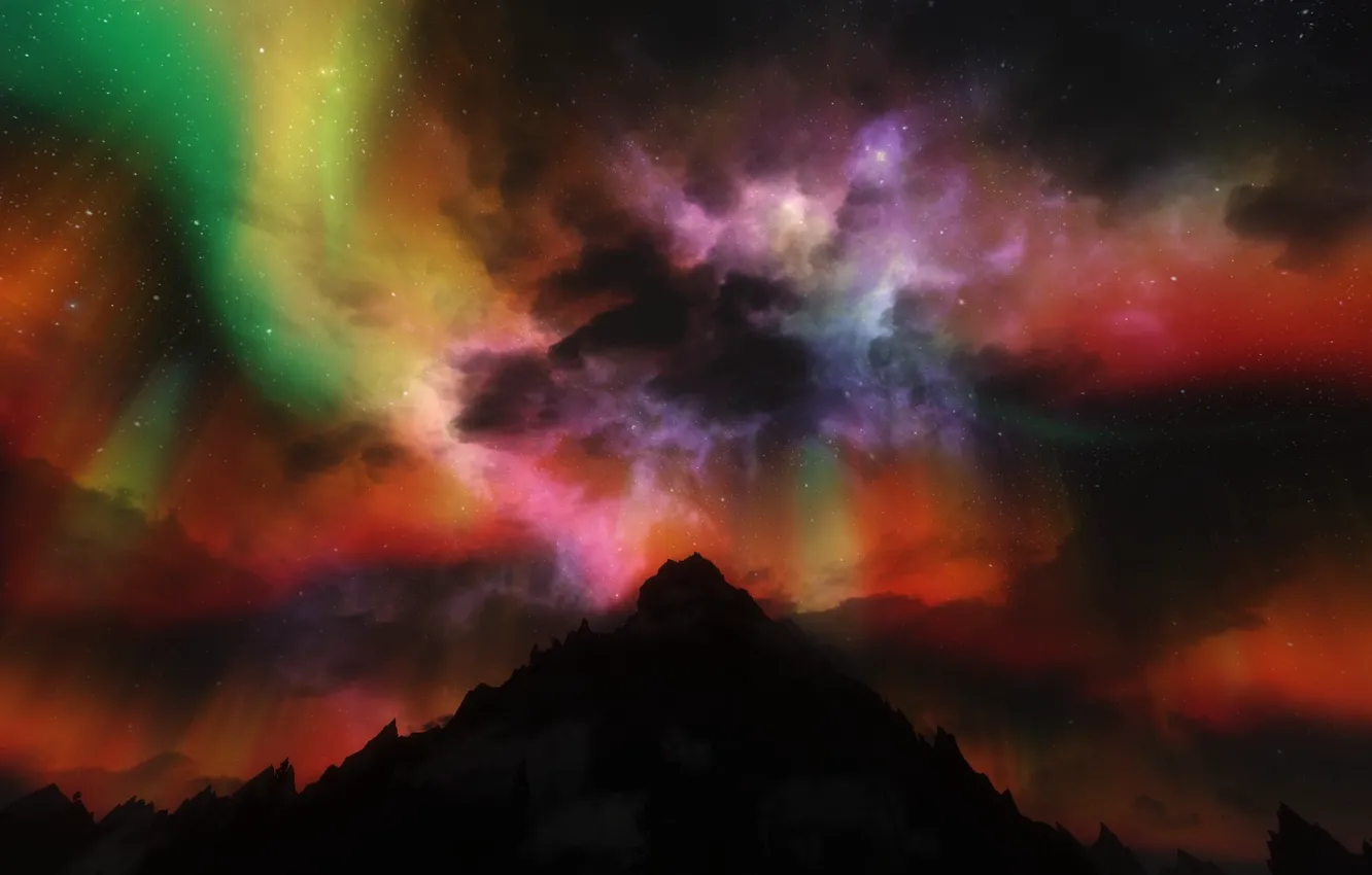 Фото обои звезды, ночь, рендеринг, северное сияние, Aurora Borealis