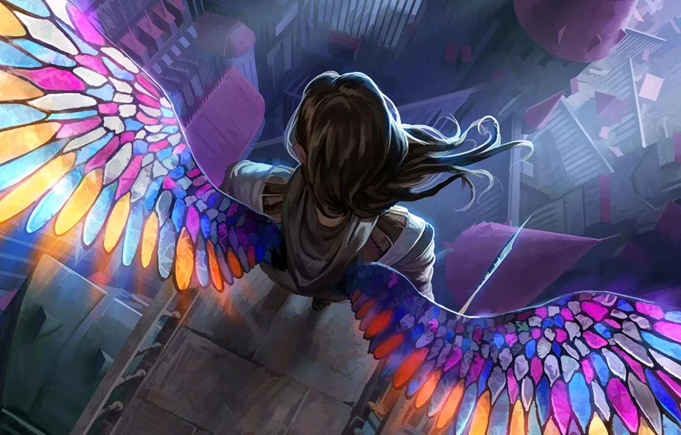 Фото обои colorful, woman, wings, angel