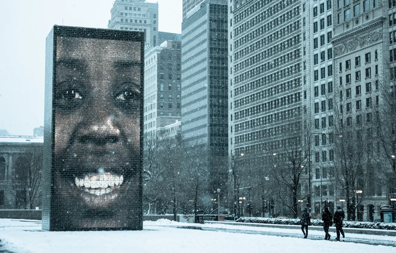 Фото обои зима, снег, город, улица, небоскребы, Чикаго, Иллиноис
