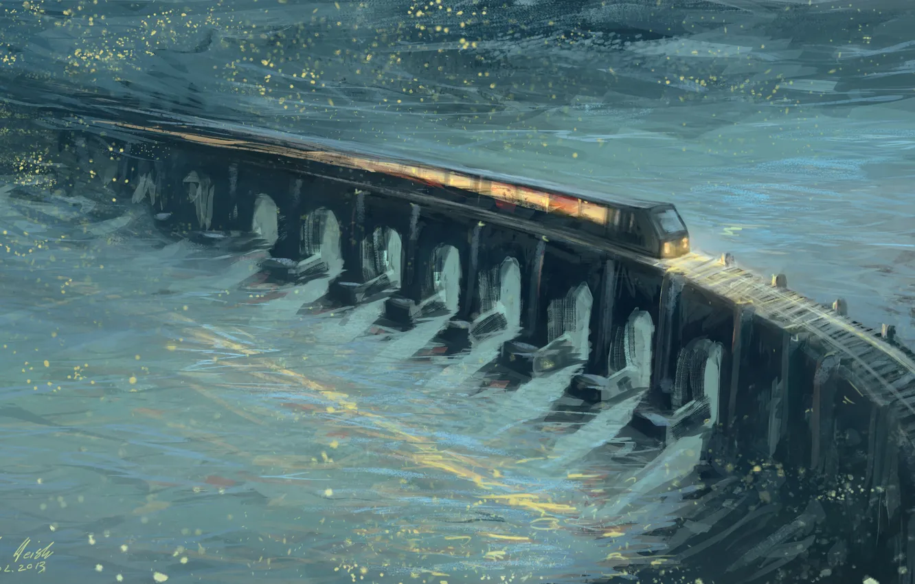 Фото обои мост, река, рельсы, поезд, арт, живопись
