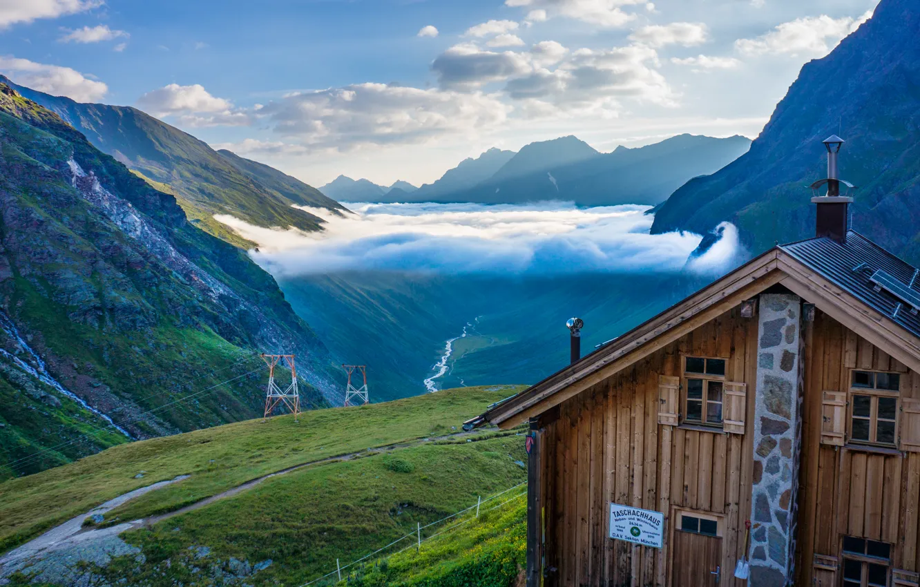 Фото обои облака, горы, дом, река, долина, Austria, Tyrol