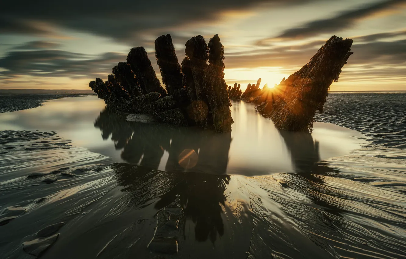 Фото обои песок, море, вода, лучи, водоросли, закат, берег, доски