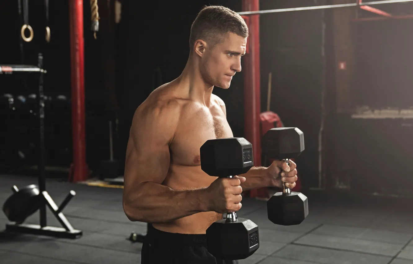 Фото обои muscle, мышцы, man, пресс, pose, гантели, gym, бодибилдер
