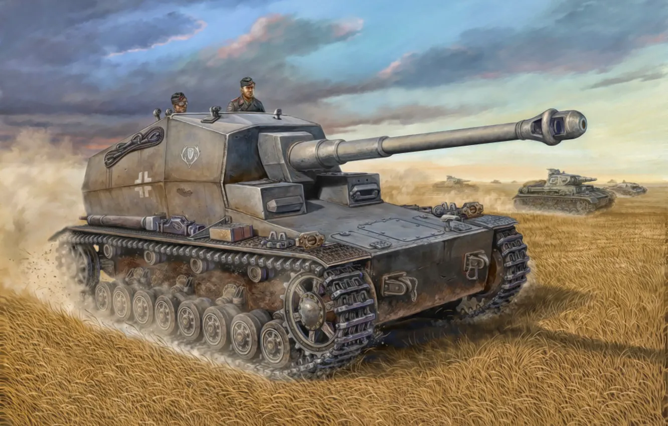Фото обои war, art, painting, tank, ww2, Pz.Sfl.IVa 'Dicker Max' 10.5cm SP Gun