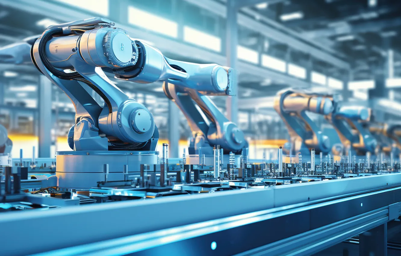 Фото обои factory, working, smart, arms, robotic
