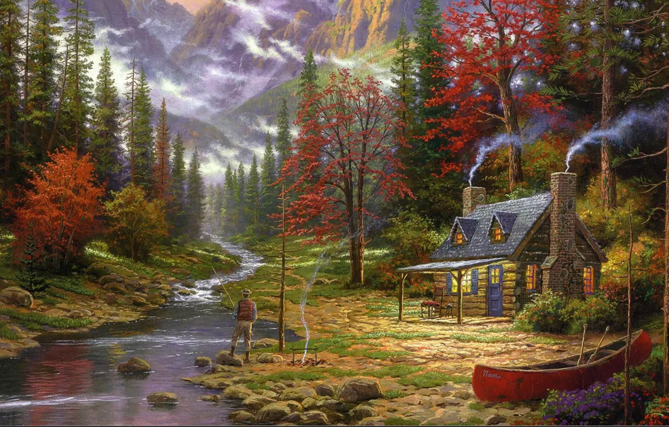 Фото обои лес, горы, дом, река, лодка, рисунок, картина, рыбак