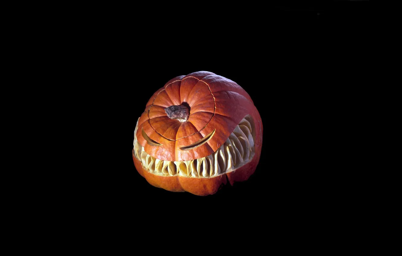 Фото обои улыбка, минимализм, клыки, Halloween, тыква, Хэллоуин, чёрный фон