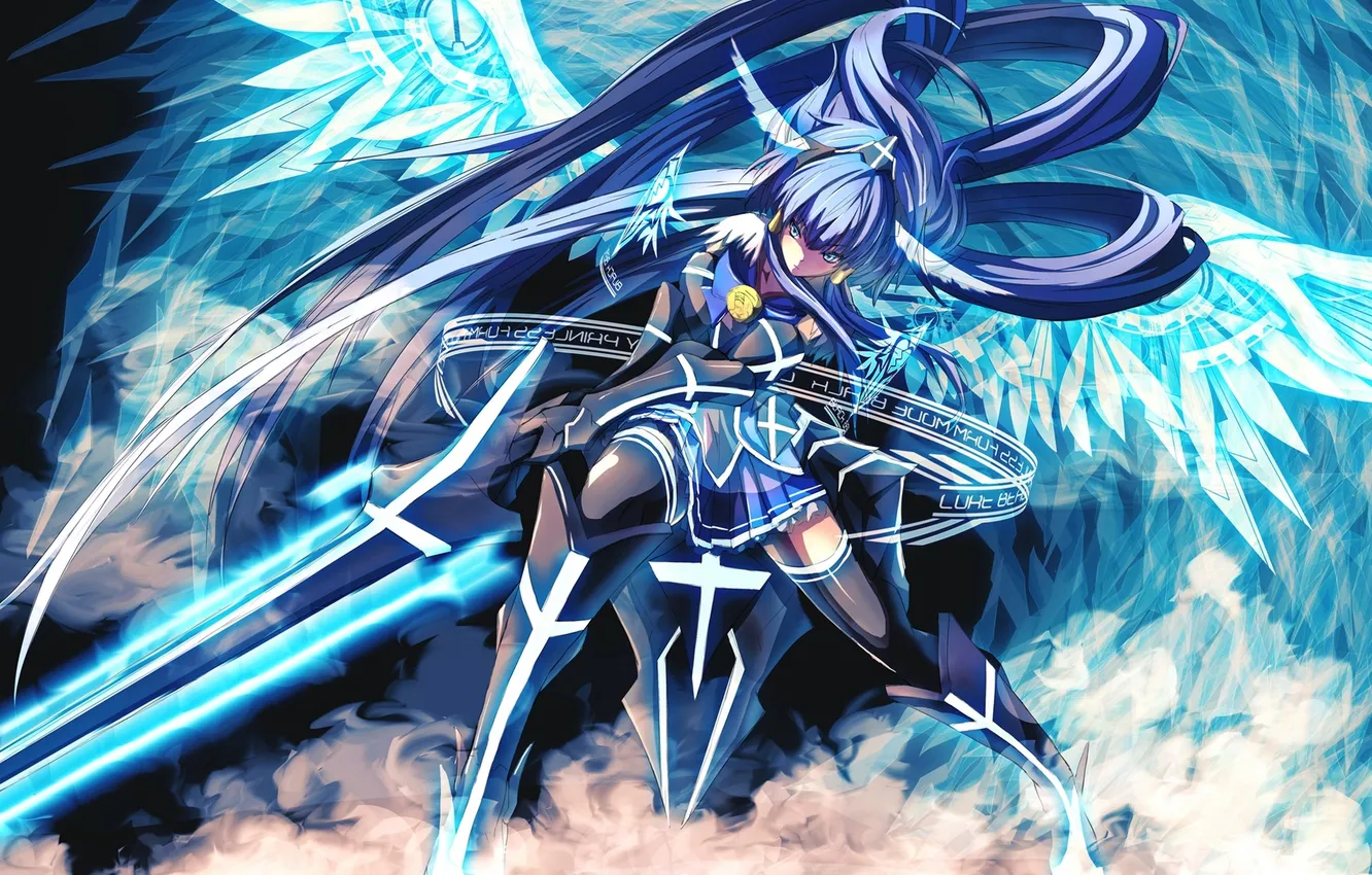 Фото обои девушка, оружие, крылья, меч, чулки, аниме, арт, merontomari