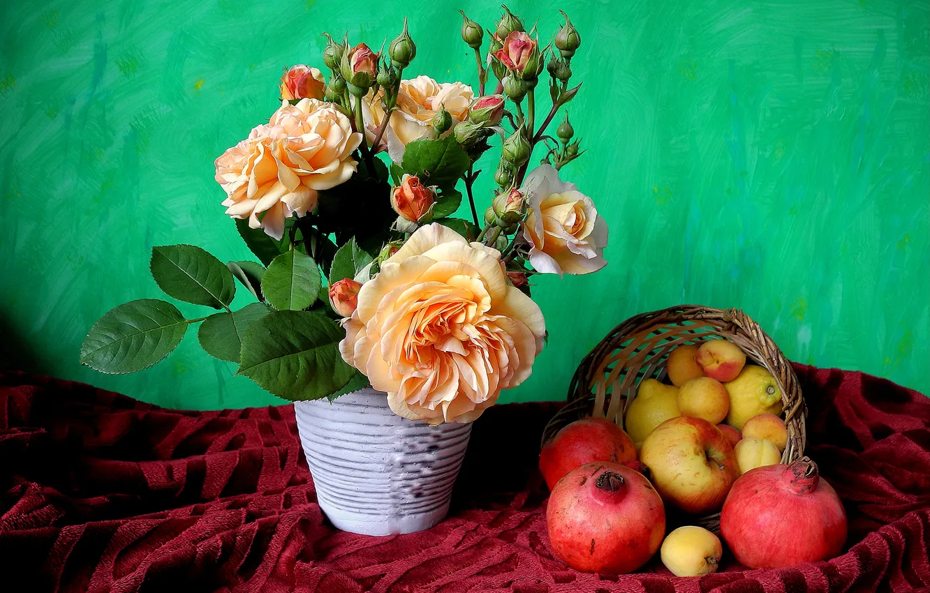 Фото обои цветок, лимон, роза, куст, яблоко, фрукты, натюрморт, корзинка
