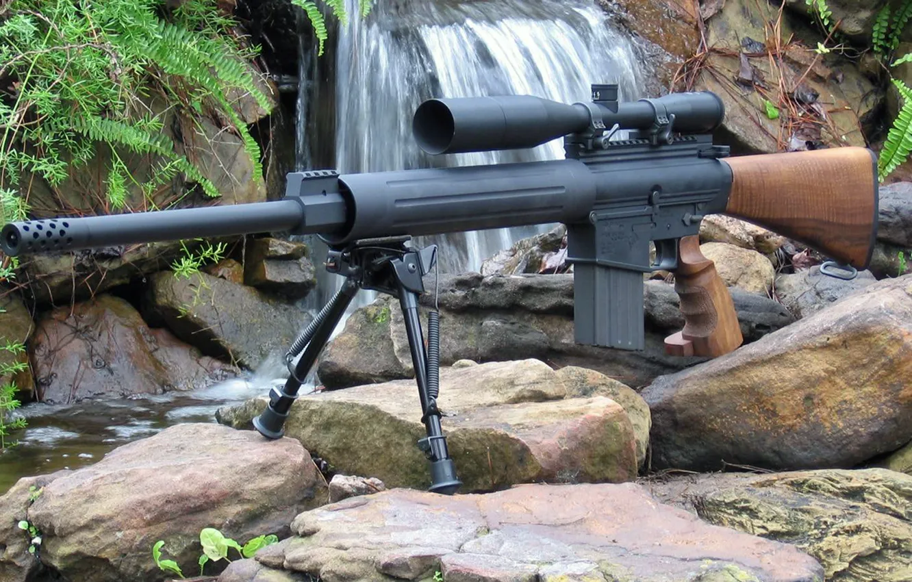 Фото обои оружие, водопад, винтовка, оптический прицел, сошки, DPMS