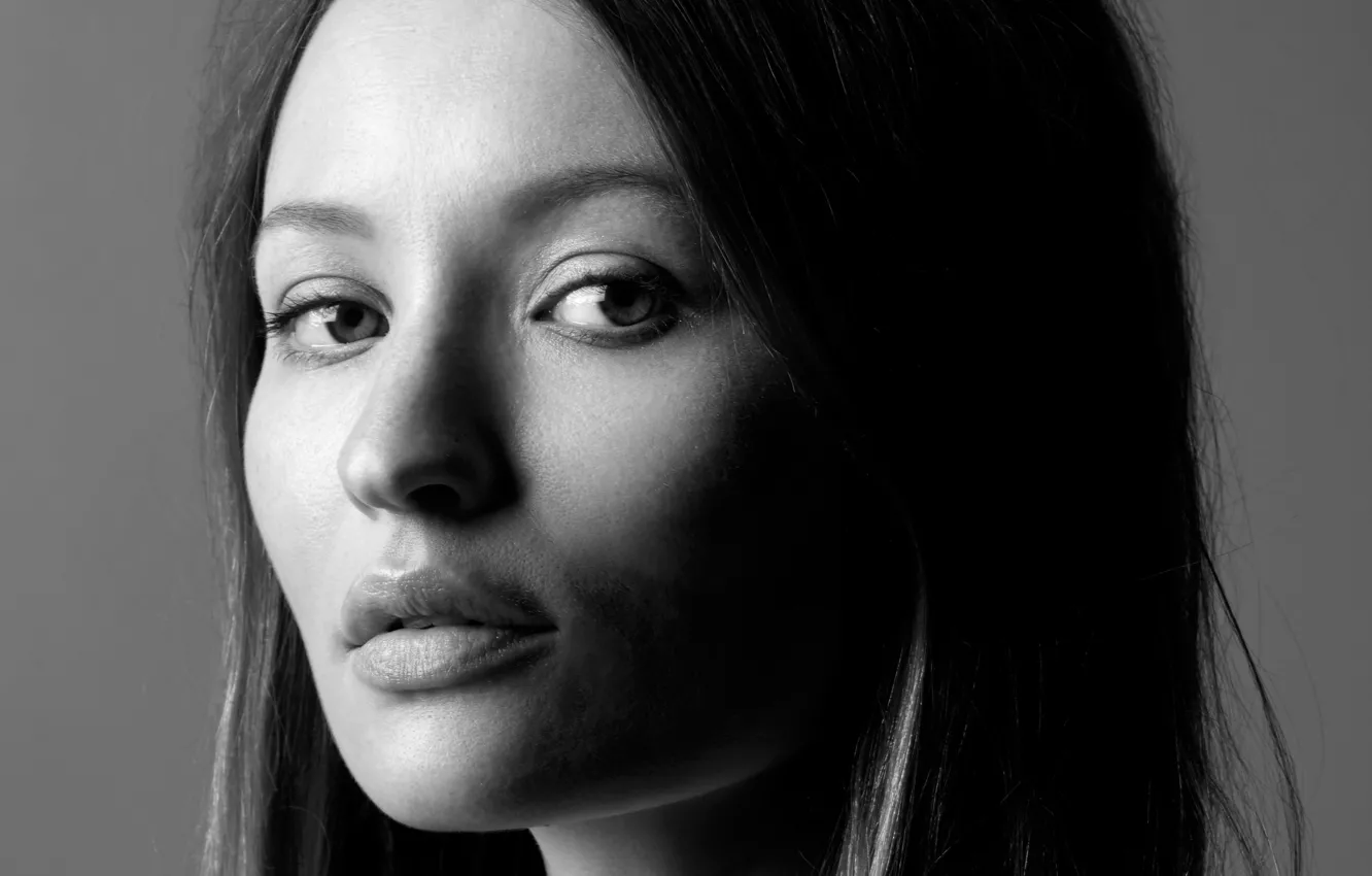 Фото обои лицо, портрет, актриса, черно-белое, Emily Browning