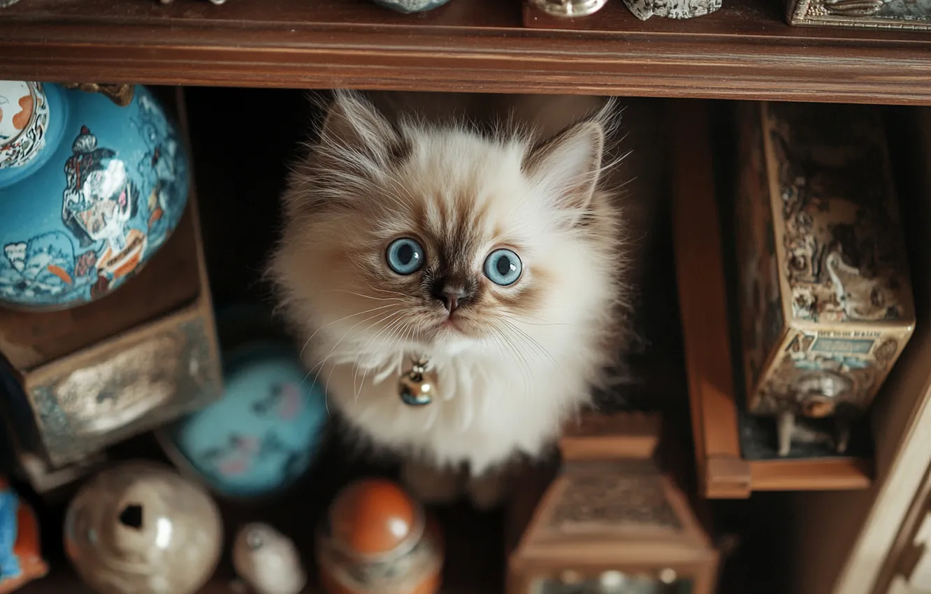 Фото обои кошка, взгляд, поза, котенок, стол, игрушки, голубые глаза, мордашка
