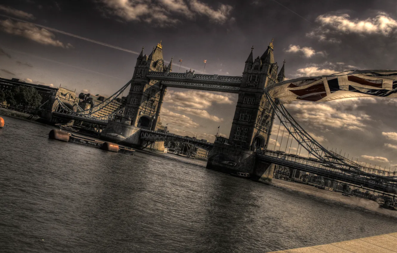Фото обои мост, Лондон, флаг, темза
