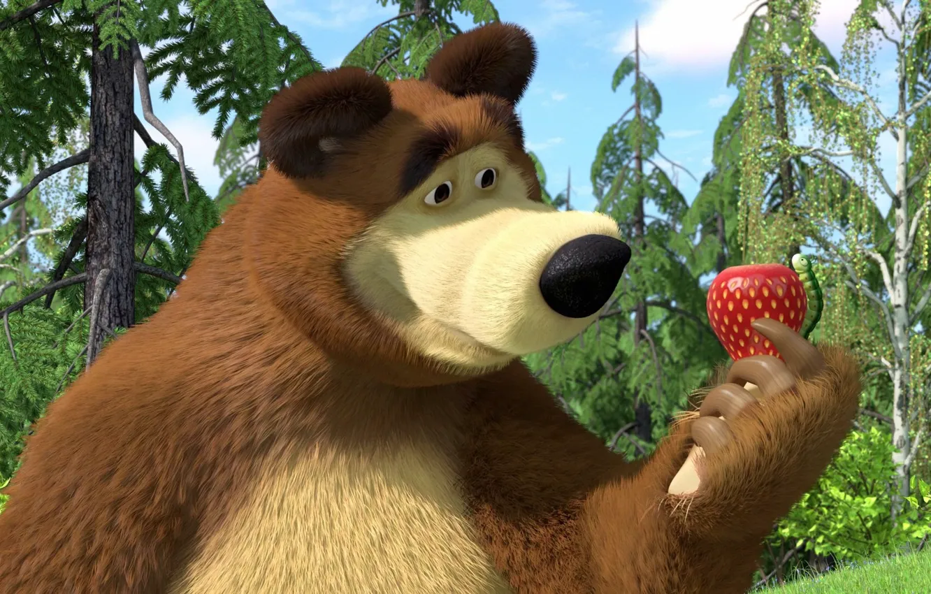 Фото обои мультфильм, клубника, мишка, Маша и медведь