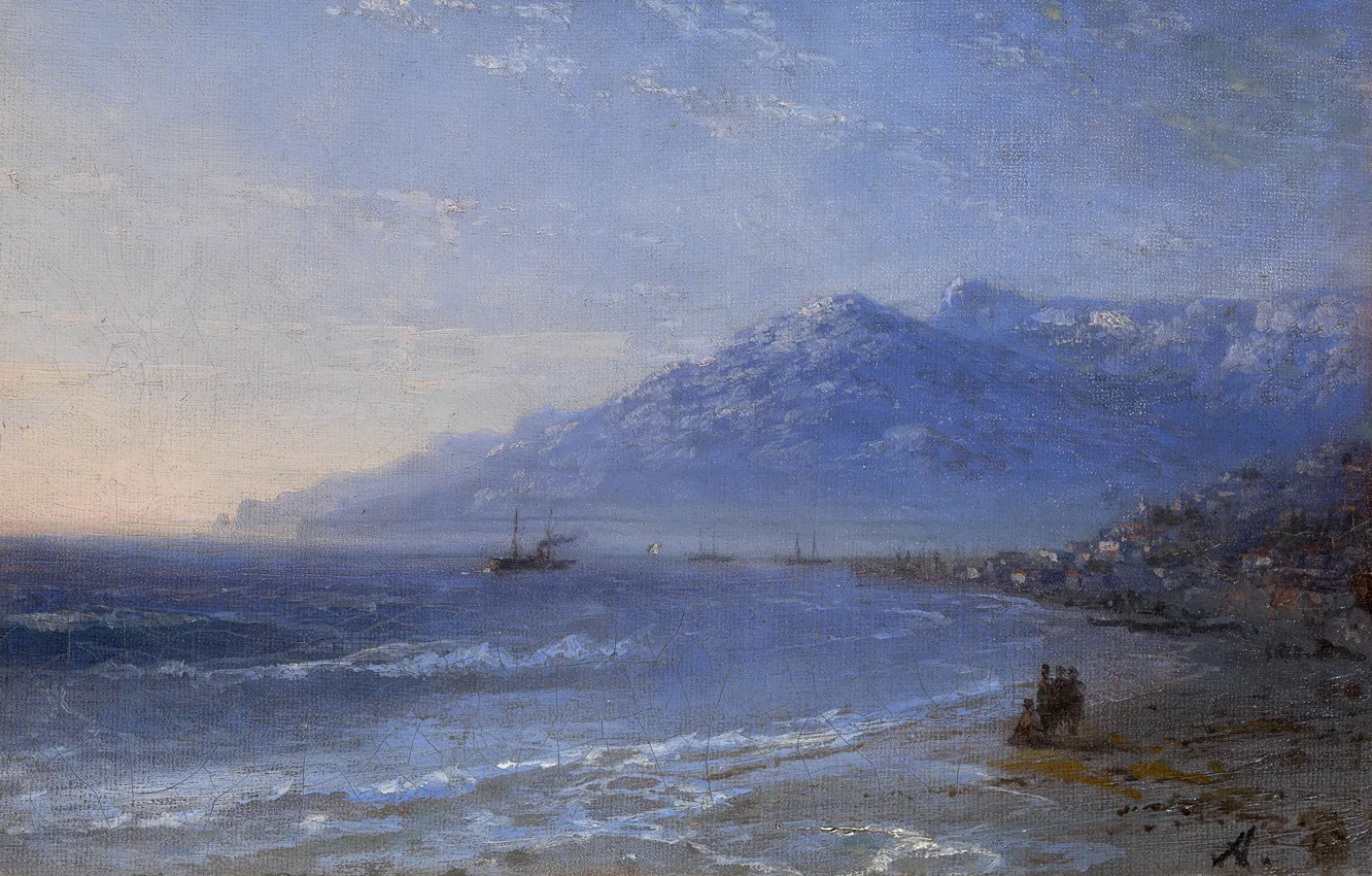 Фото обои море, берег, корабль, картина, Иван Айвазовский, Прибрежный Пейзаж