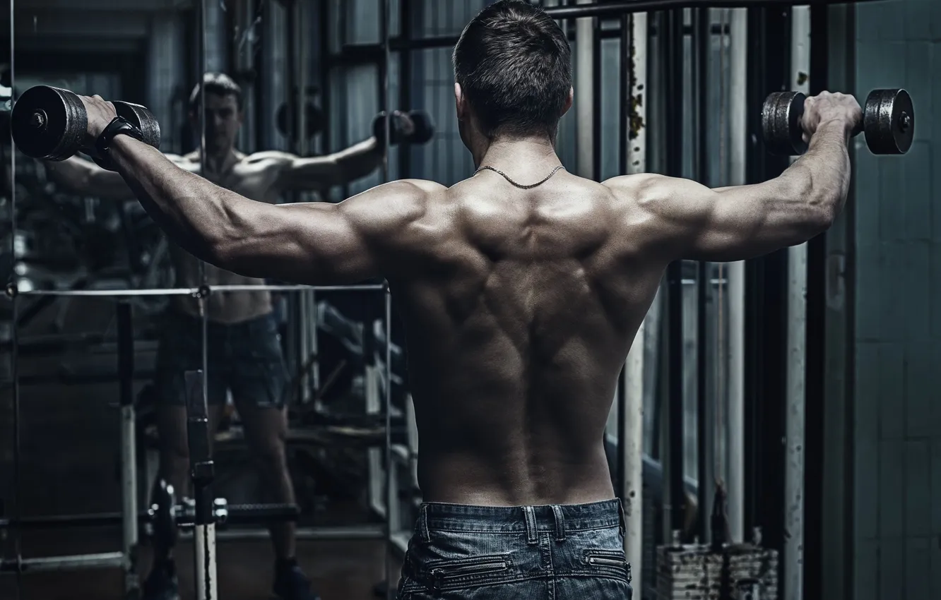Фото обои Спина, muscle, мышцы, Back, черно белая, гантели, workout, бодибилдер