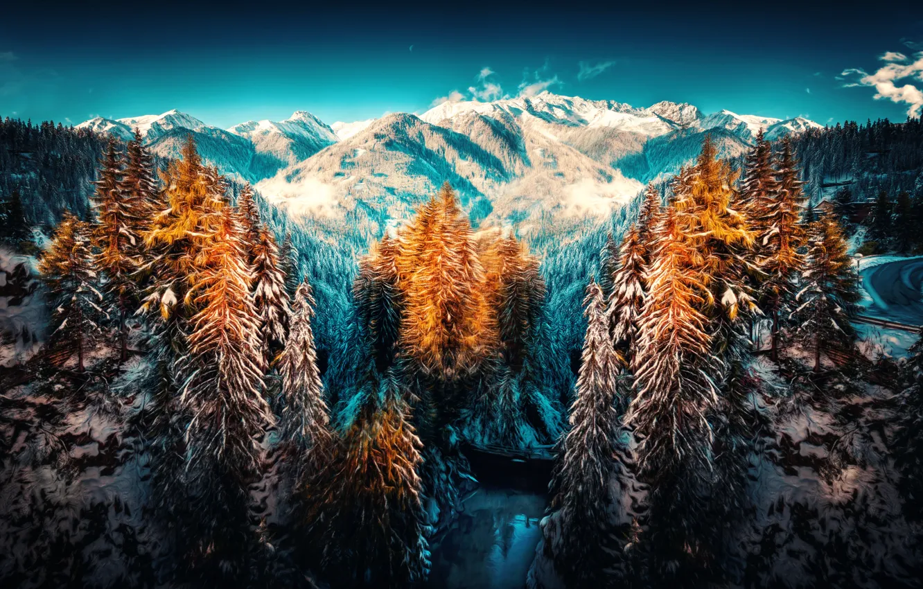 Фото обои снег, деревья, горы, обработка, Winterland