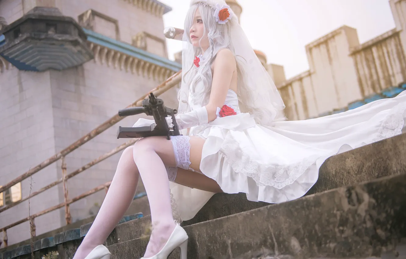 Фото обои Gun, Asian, Model, pretty, Woman, Cosplay, Bride, Stairs