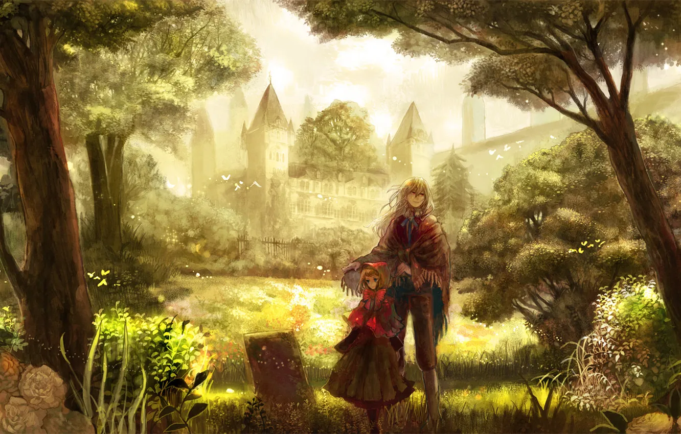 Фото обои деревья, пейзаж, замок, аниме, девочка, парень