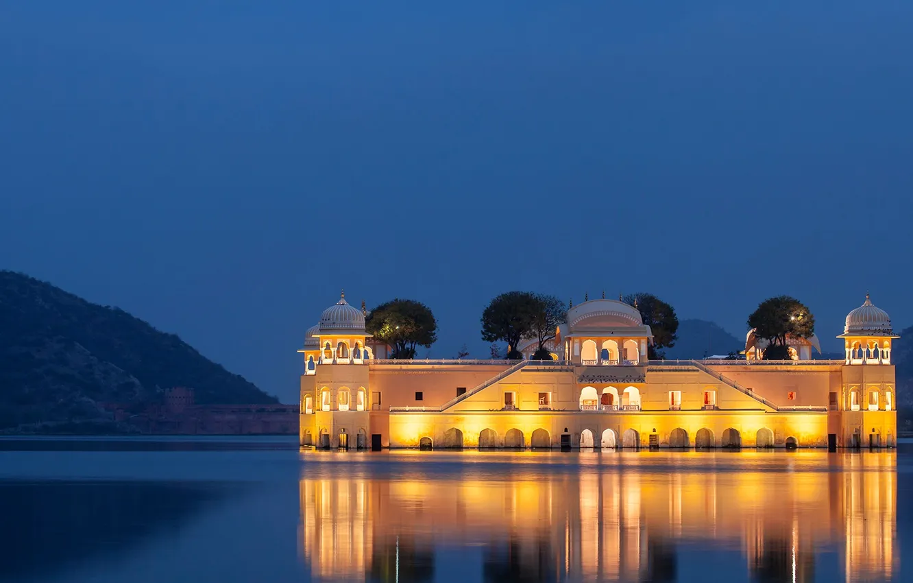 Фото обои горы, огни, озеро, Индия, дворец, Джайпур, Man Sagar Lake, Jal Mahal Palace