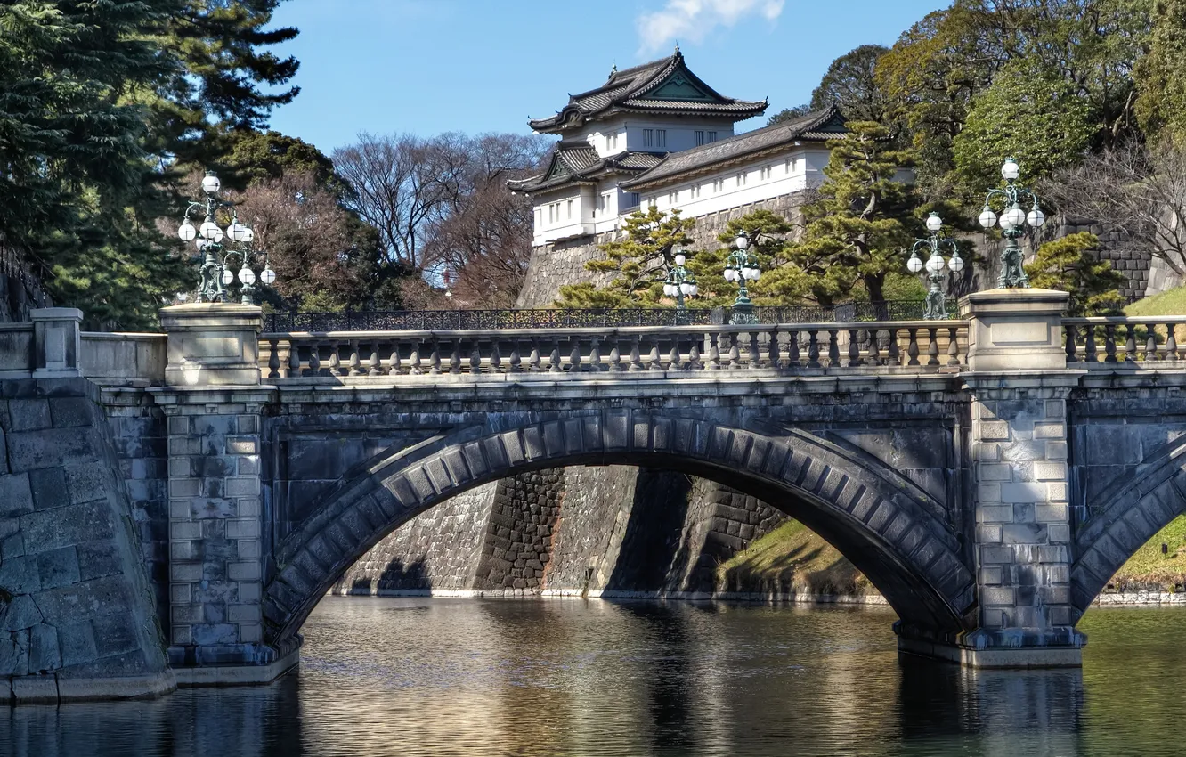 Фото обои мост, Япония, Токио, Tokyo, Japan, Императорский дворец, Imperial Palace, Nijubashi Bridge