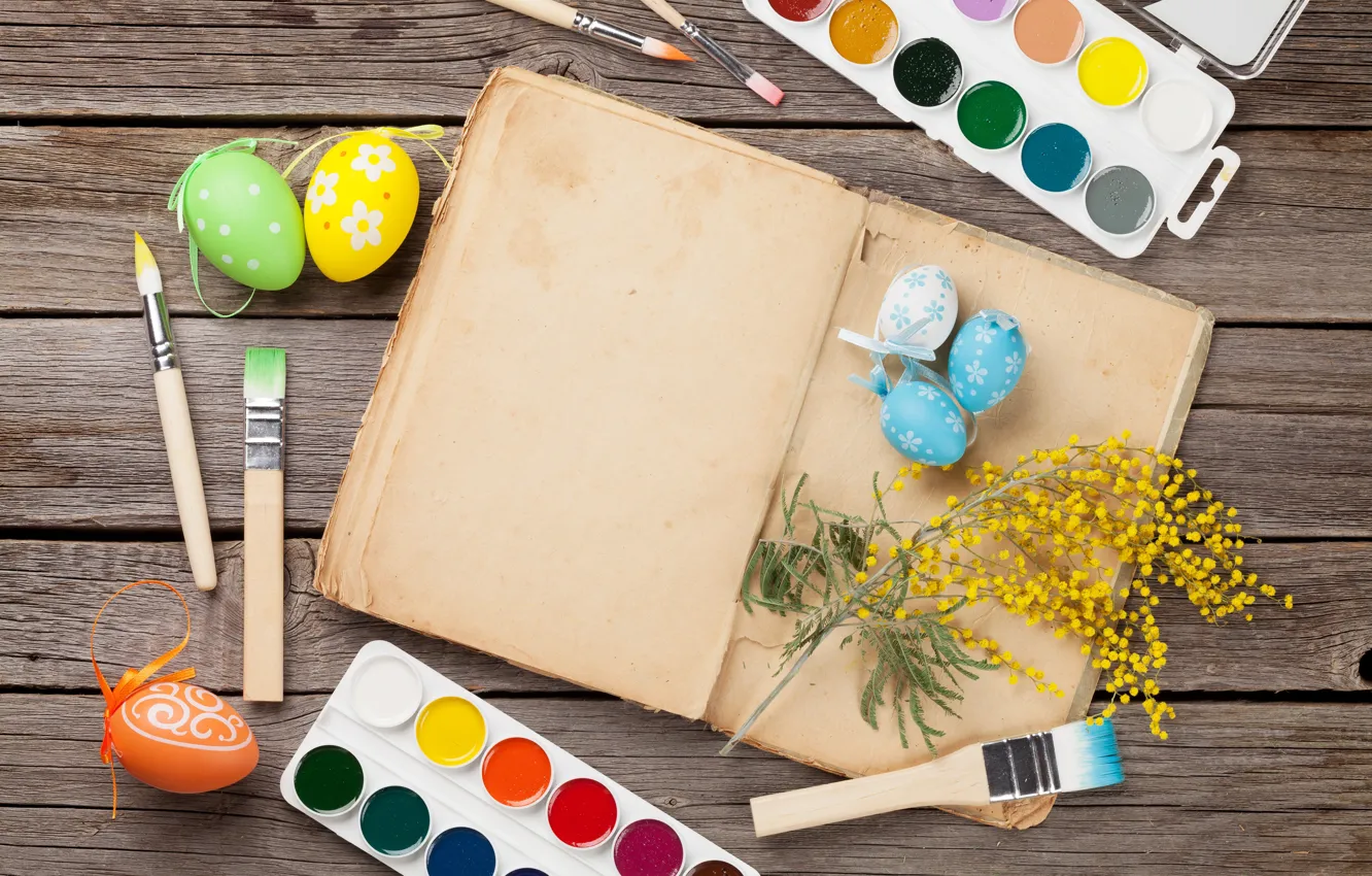 Фото обои краски, яйца, весна, Пасха, кисти, Easter, мимоза