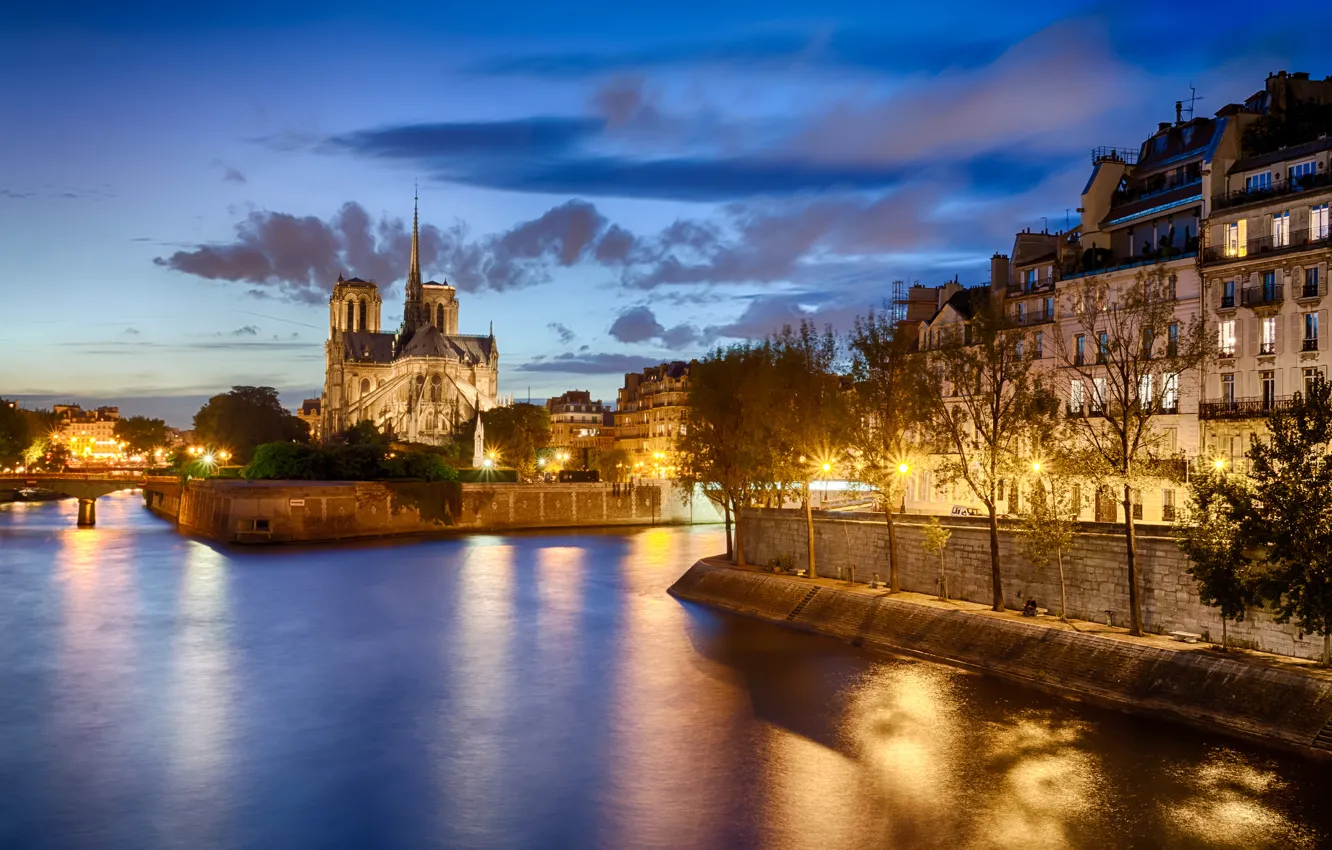 Фото обои свет, город, река, Франция, Париж, вечер, Сена, Paris