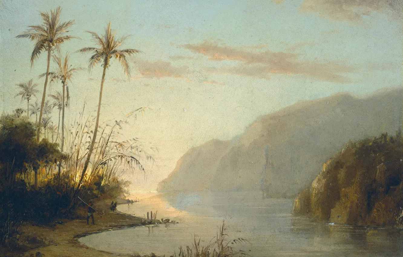 Фото обои пейзаж, горы, пальма, картина, Камиль Писсарро, Устье Реки в Сент-Томас