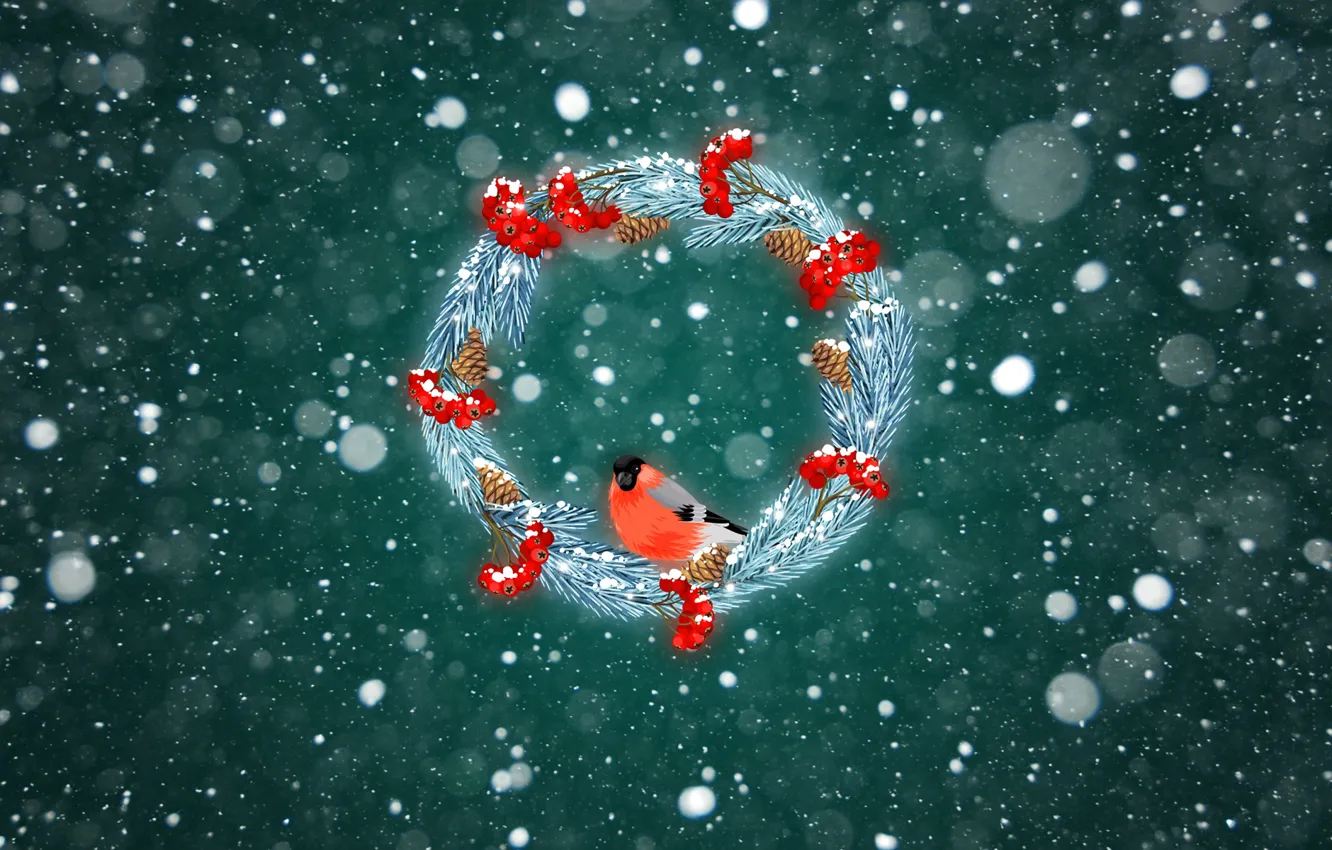Фото обои Зима, Минимализм, Снег, Рождество, Фон, Новый год, Снегирь, Праздник