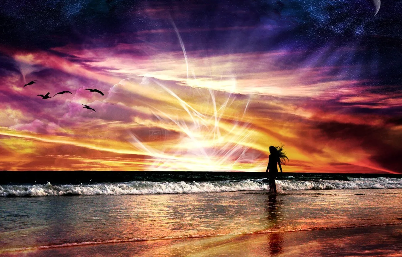 Фото обои море, волны, энергия, девушка, космос, полет, пейзаж, закат