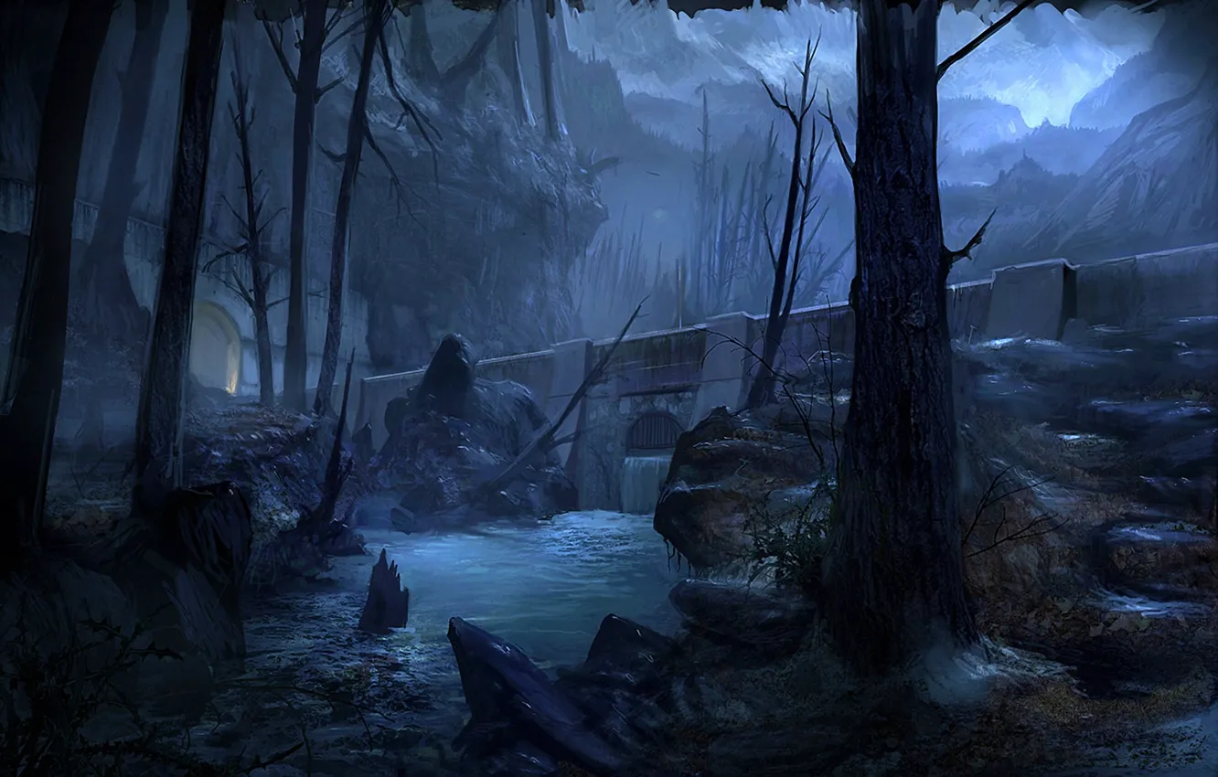 Фото обои деревья, горы, ночь, мост, река, камни, скалы, арт